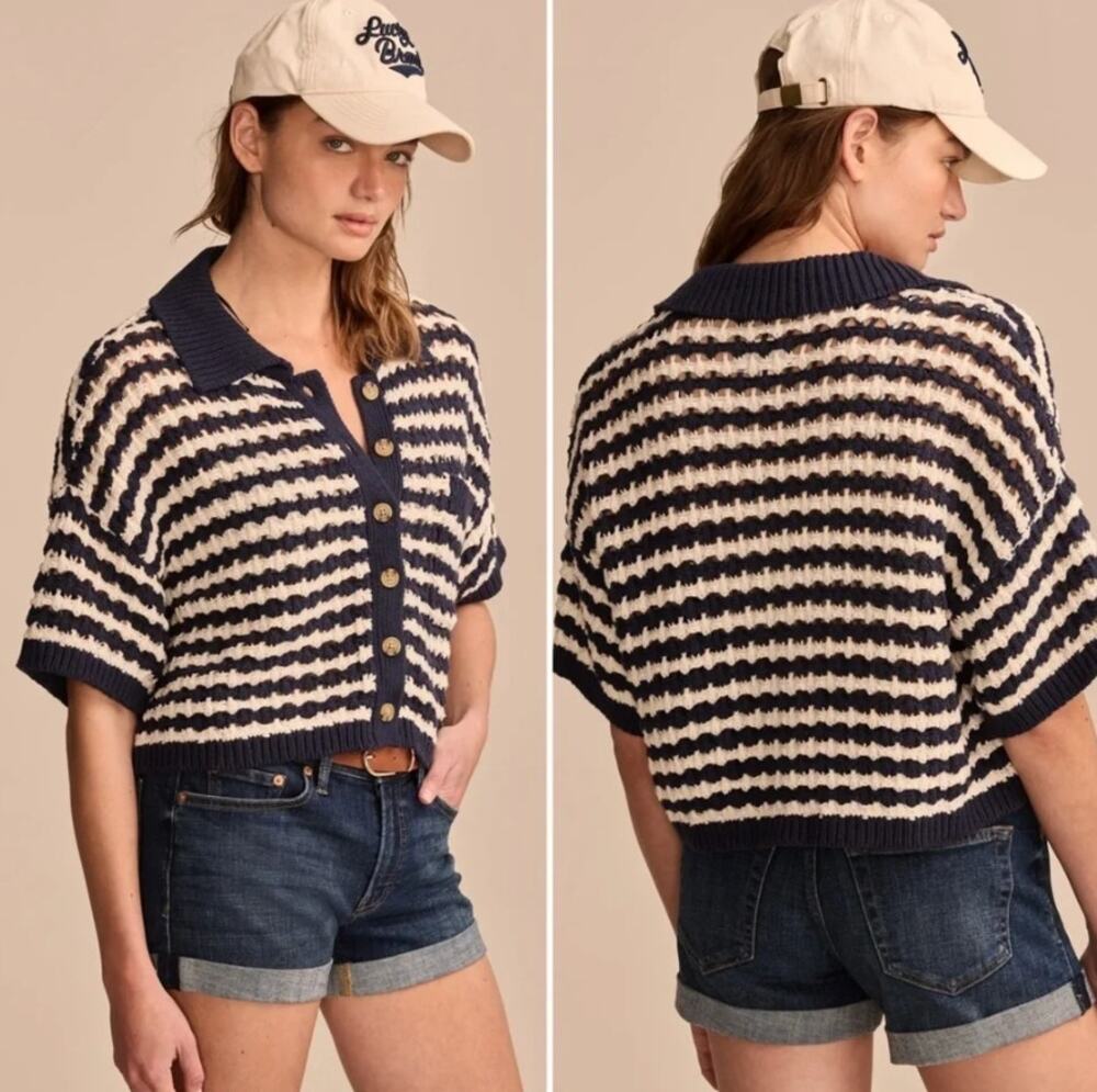 Lucky Brand Blue Short Sleeve Pointelle Polo Crochet Cardigan Sweater Crop M